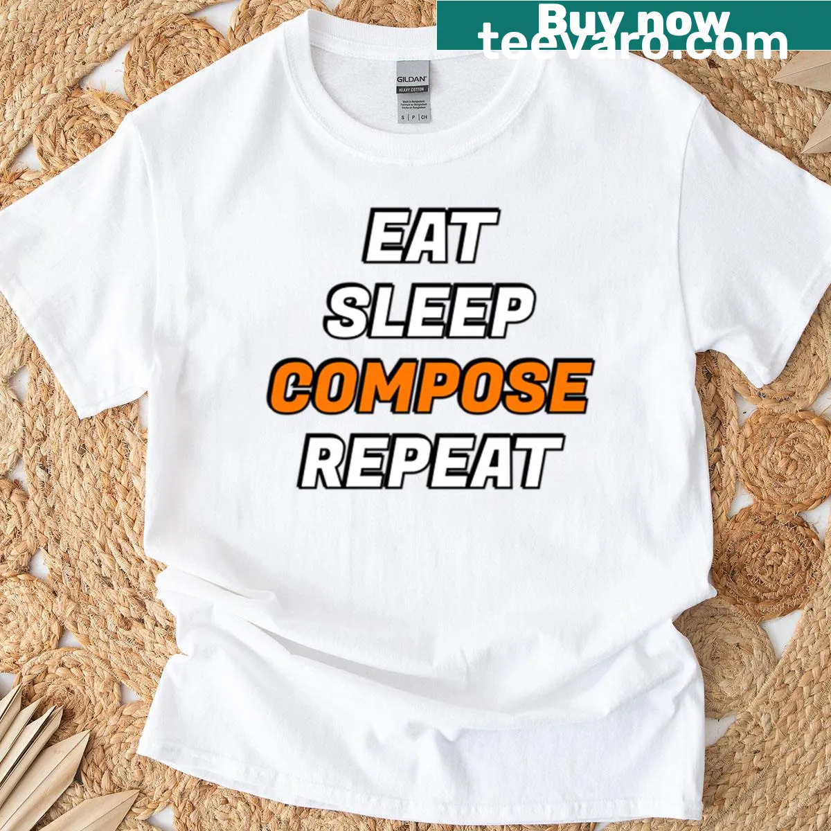 Funny text on a t-shirt with 'Eat Sleep Compose Repeat' design — on a men's t-shirt