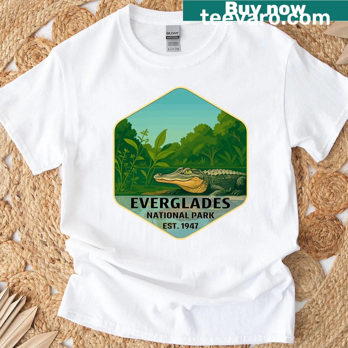 Retro Everglades National Park wildlife graphic T-shirt — on a men's t-shirt