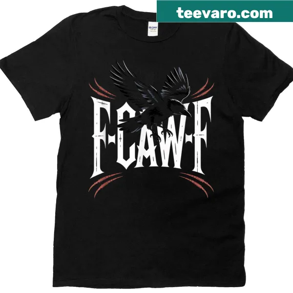 Graphic t-shirt featuring a black crow and the phrase 'F-caw-f.'