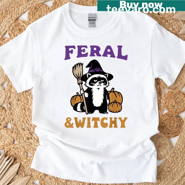 Vintage Halloween t-shirt featuring a cute raccoon in a witch hat