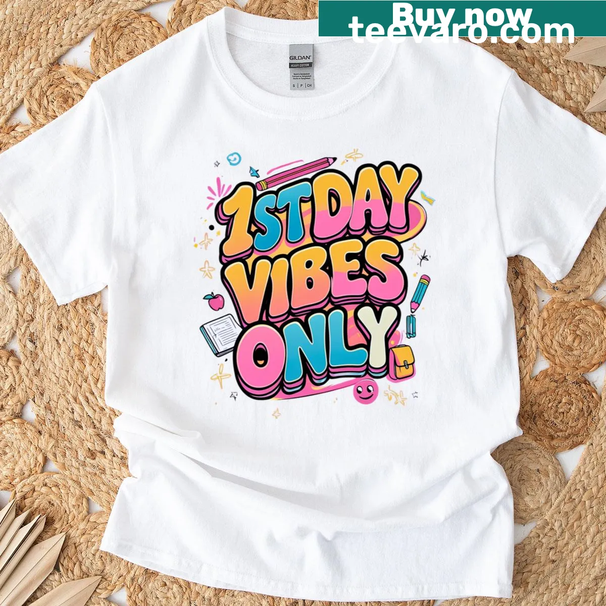 First Day Of School T-shirt with positive vibes graphic. — on a men's t-shirt