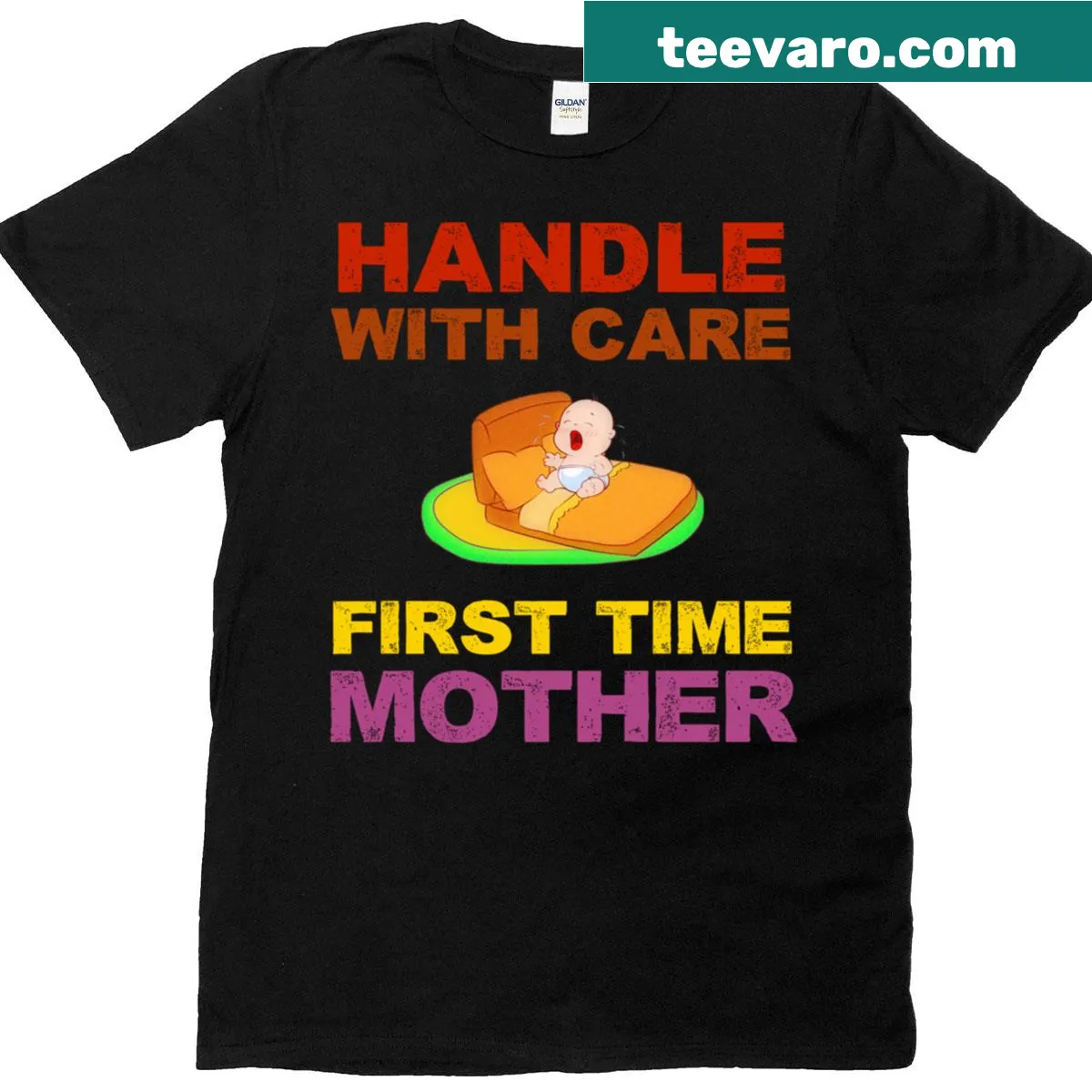 Funny T-shirt for first-time mothers with playful text about newborns — on a men's t-shirt