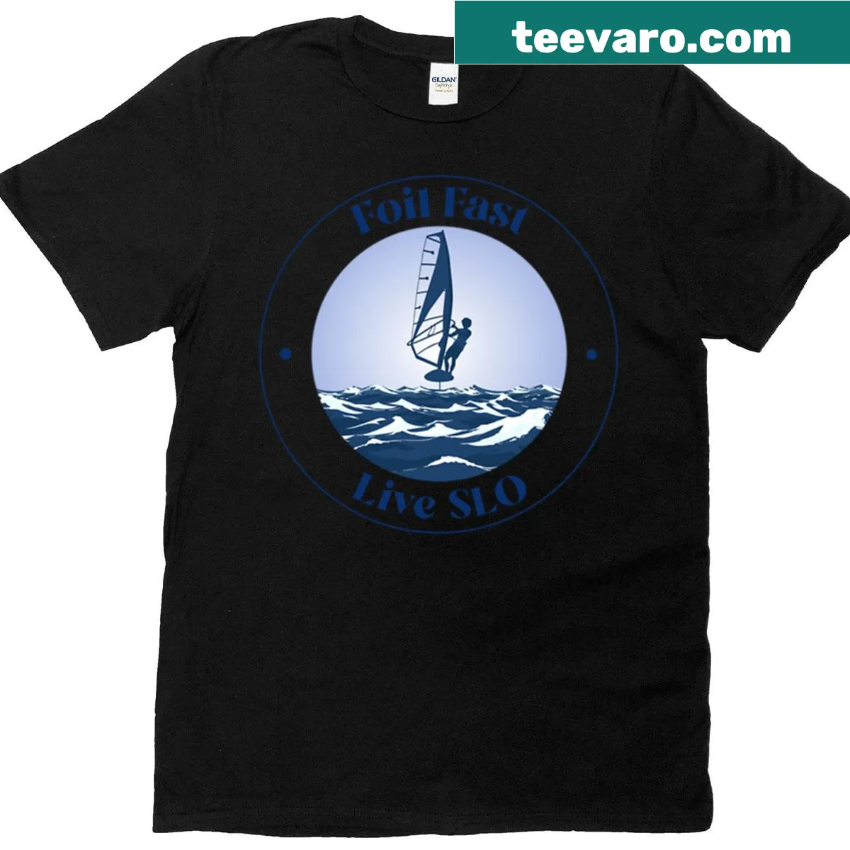 Badge-style windfoiling t-shirt for Slo County — on a men's t-shirt