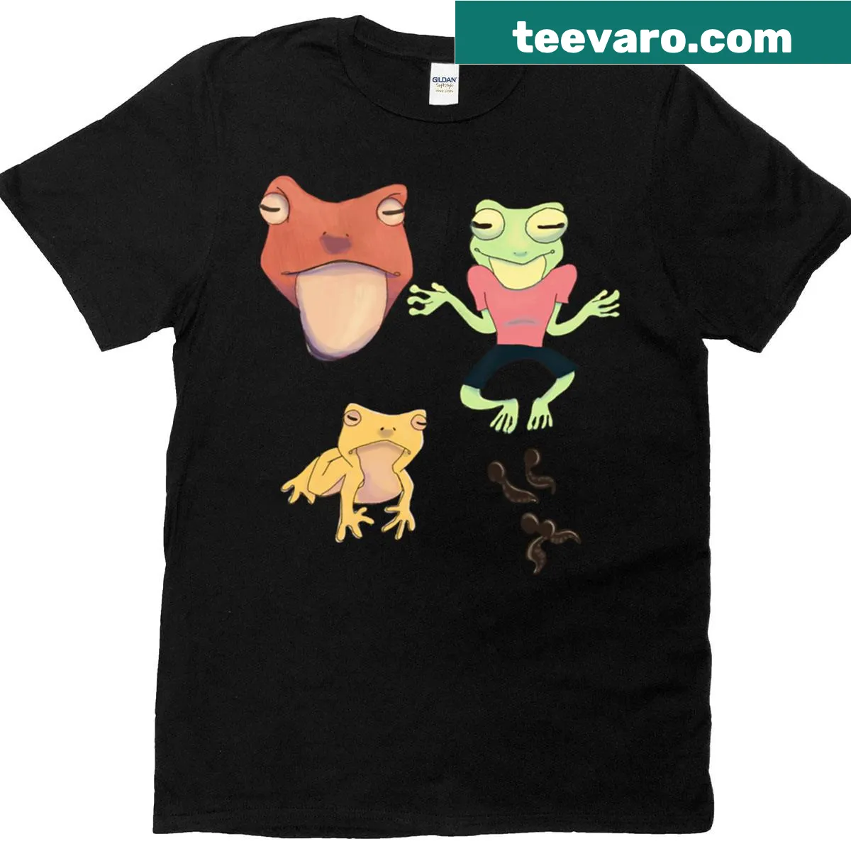 Transparent T-shirt featuring playful illustrated frogs — on a men's t-shirt