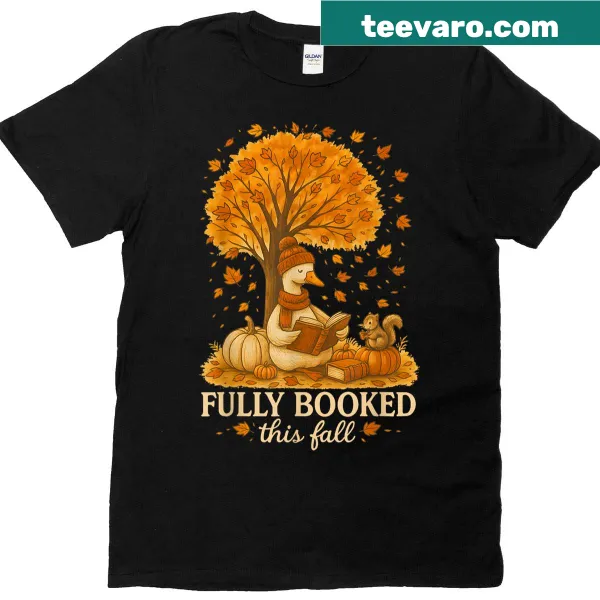 T-shirt with a bookworm goose graphic and autumn leaves