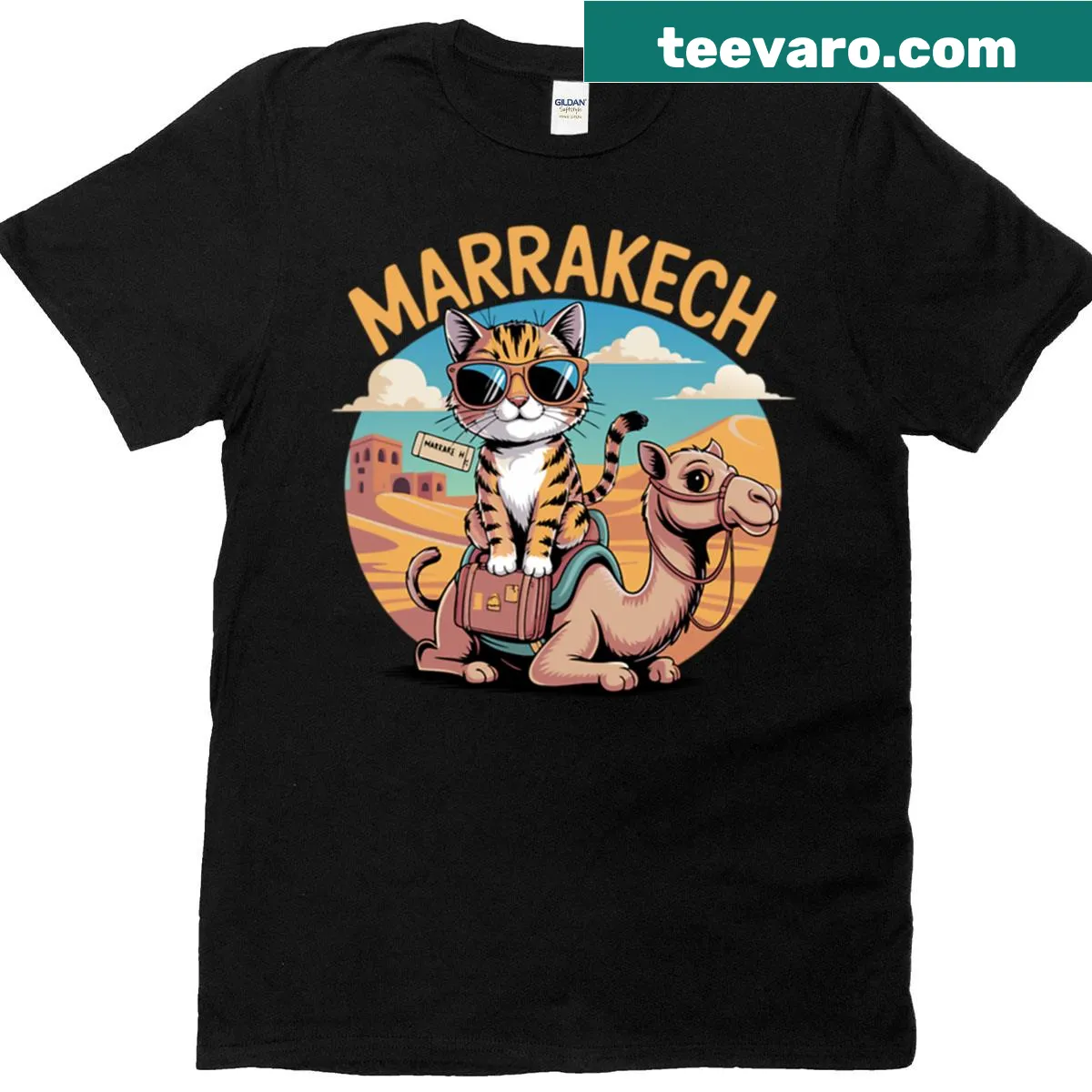 Illustration of a cat in the desert wearing sunglasses and a scarf — on a men's t-shirt