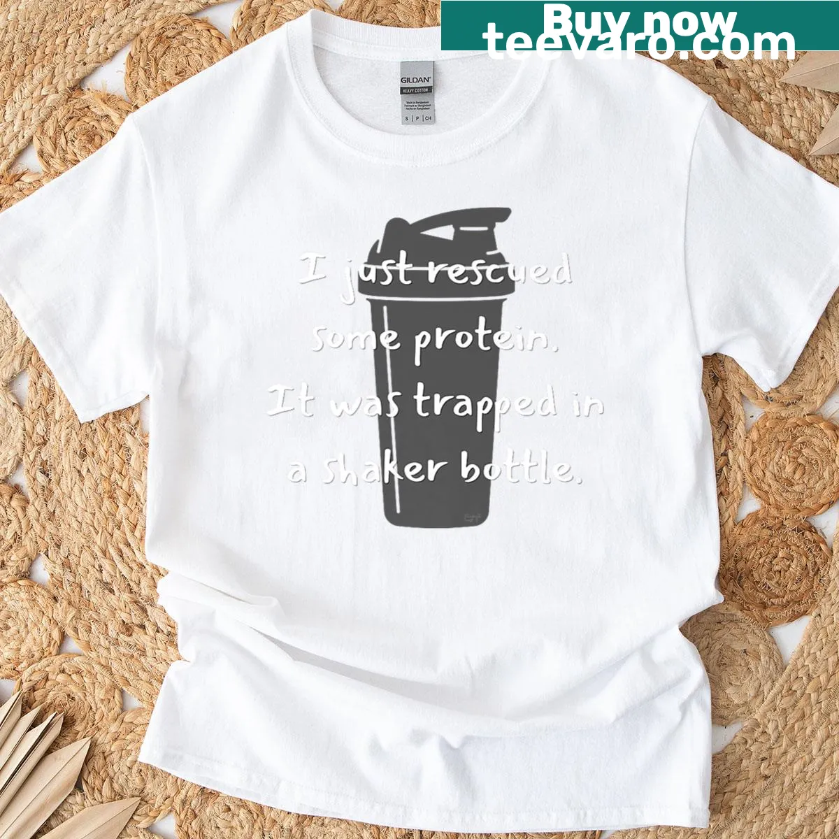 Humorous T-shirt for gym lovers featuring protein shake theme — on a men's t-shirt