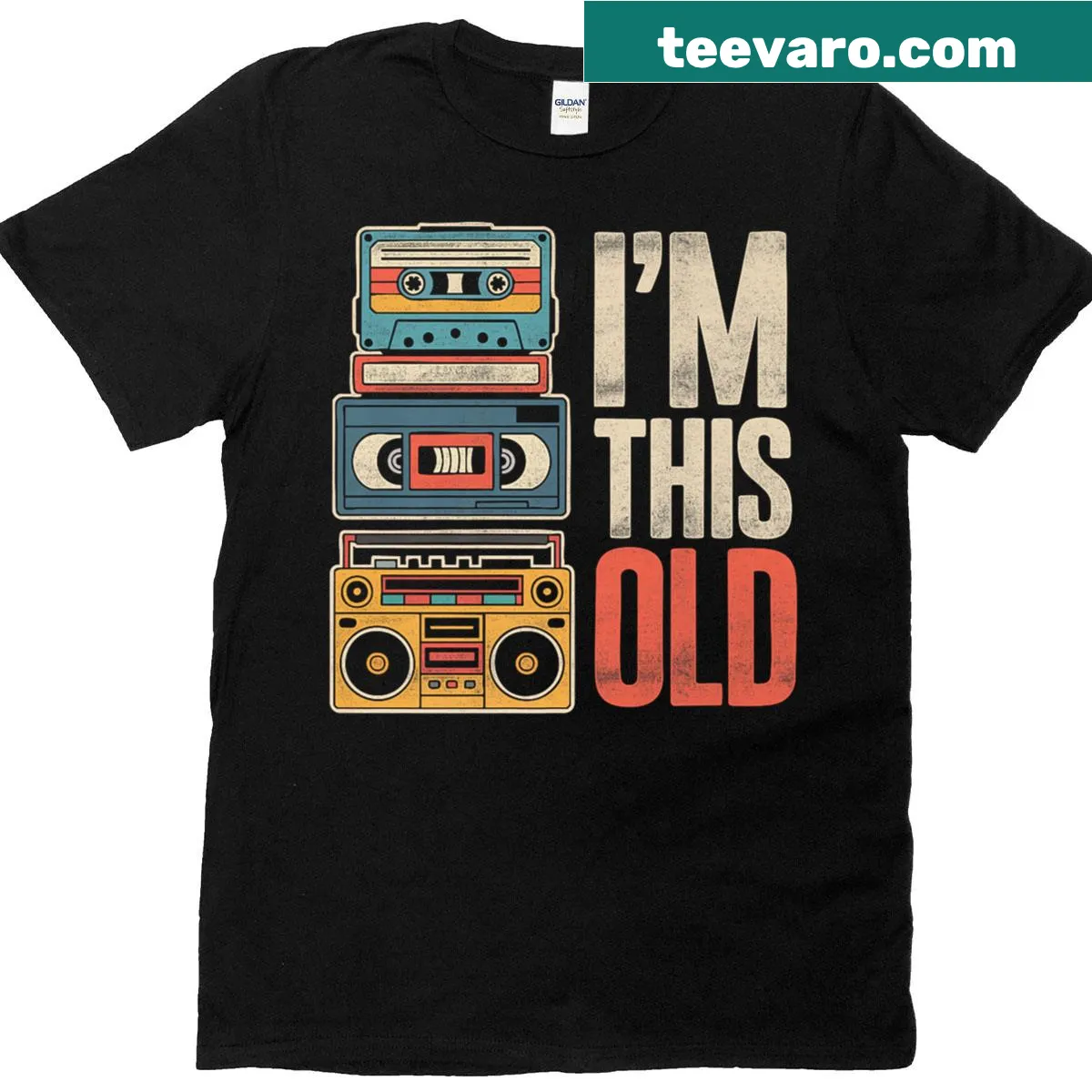 Retro shirt with a vintage cassette tape and 'I'm This Old' text — on a men's t-shirt