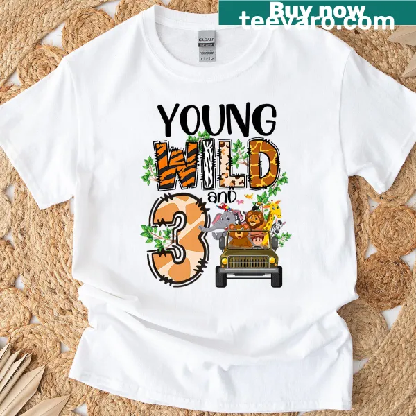 Cartoon safari animals with 'Young Wild and 3' text for kids