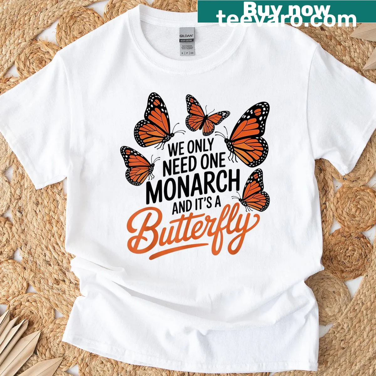 T-shirt featuring butterfly illustration and humorous phrase — on a men's t-shirt