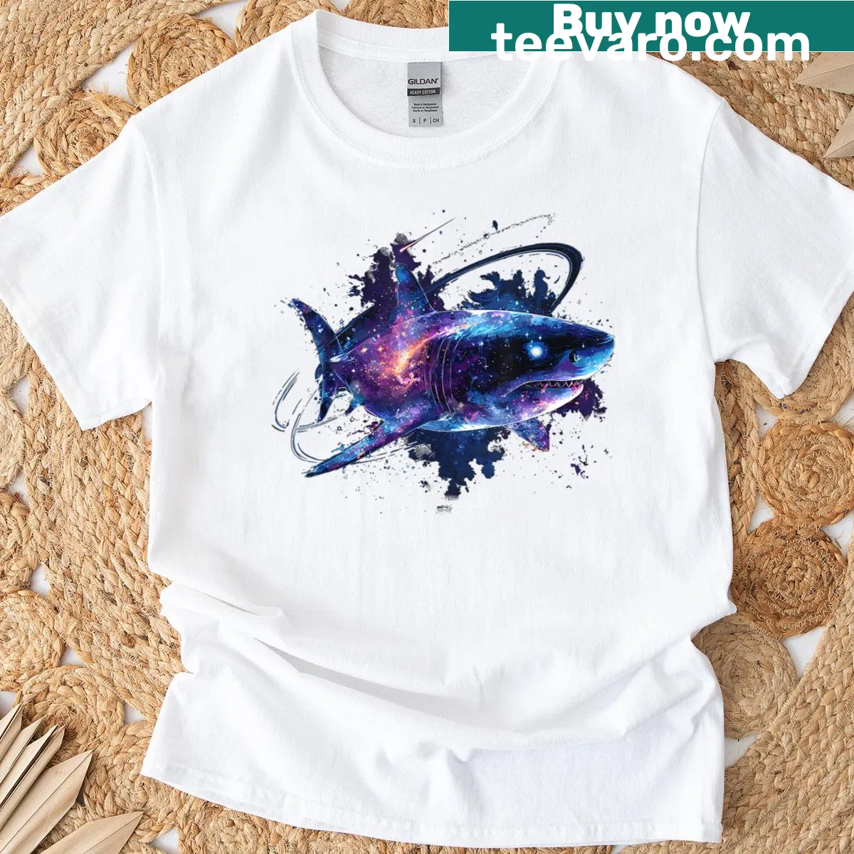 Cosmic shark graphic on a space-themed T-shirt — on a men's t-shirt