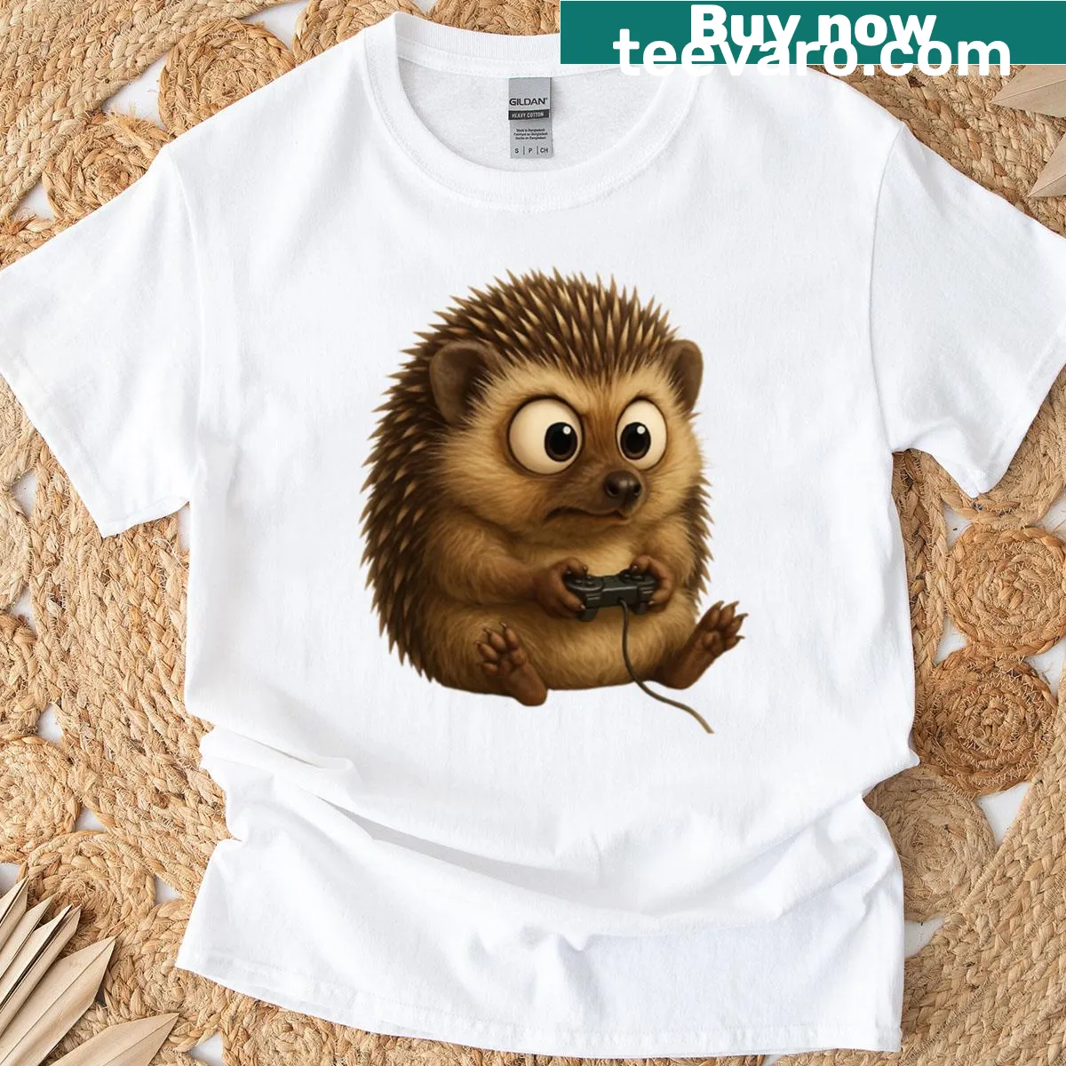 Cute T-shirt featuring a hedgehog gaming character — on a men's t-shirt