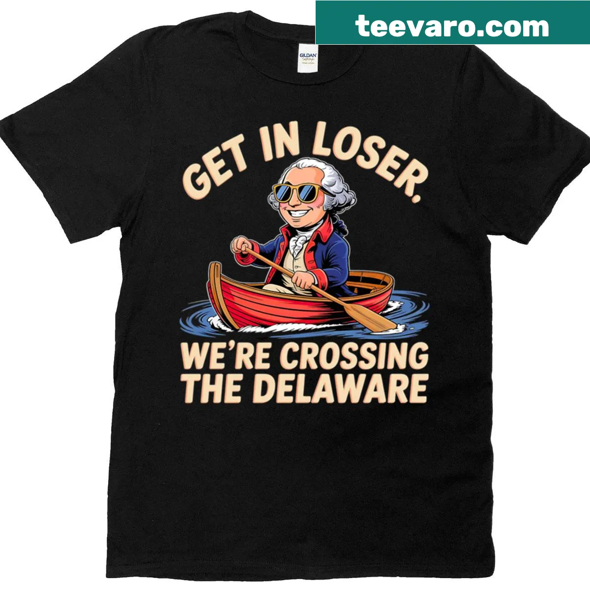 George Washington t-shirt with humorous text about crossing the Delaware — on a men's t-shirt