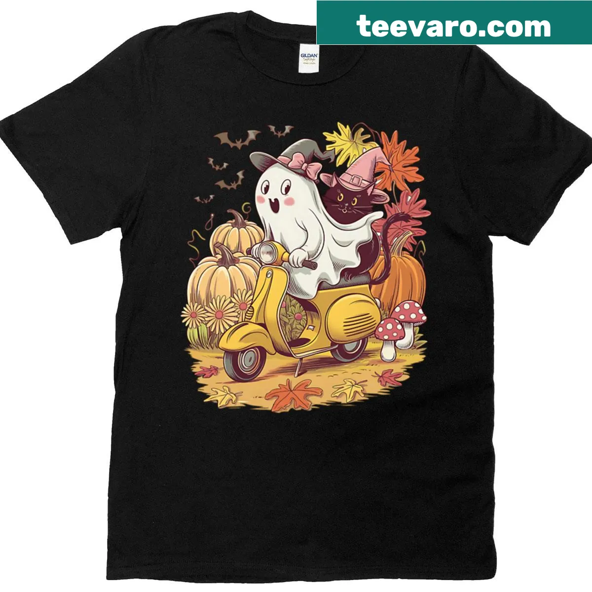 Illustration of ghost and witch cat riding a scooter for Halloween — on a men's t-shirt