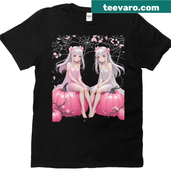 Illustrated T-shirt with cute ghost girls in a pink pumpkin patch