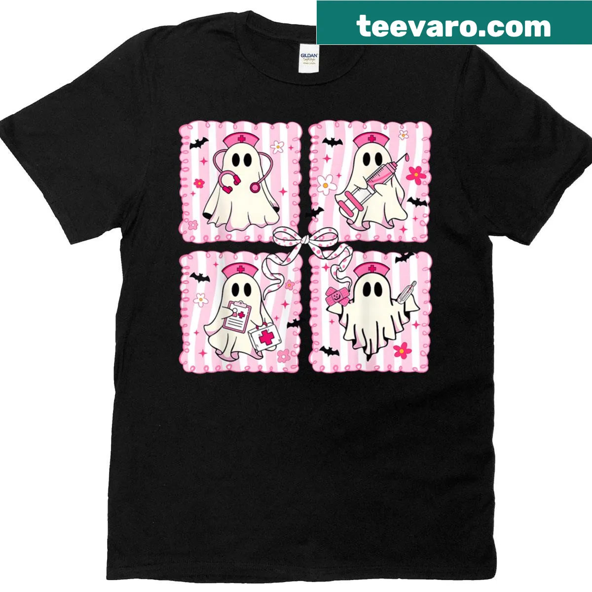 Funny Halloween t-shirt featuring ghost nurses design — on a men's t-shirt