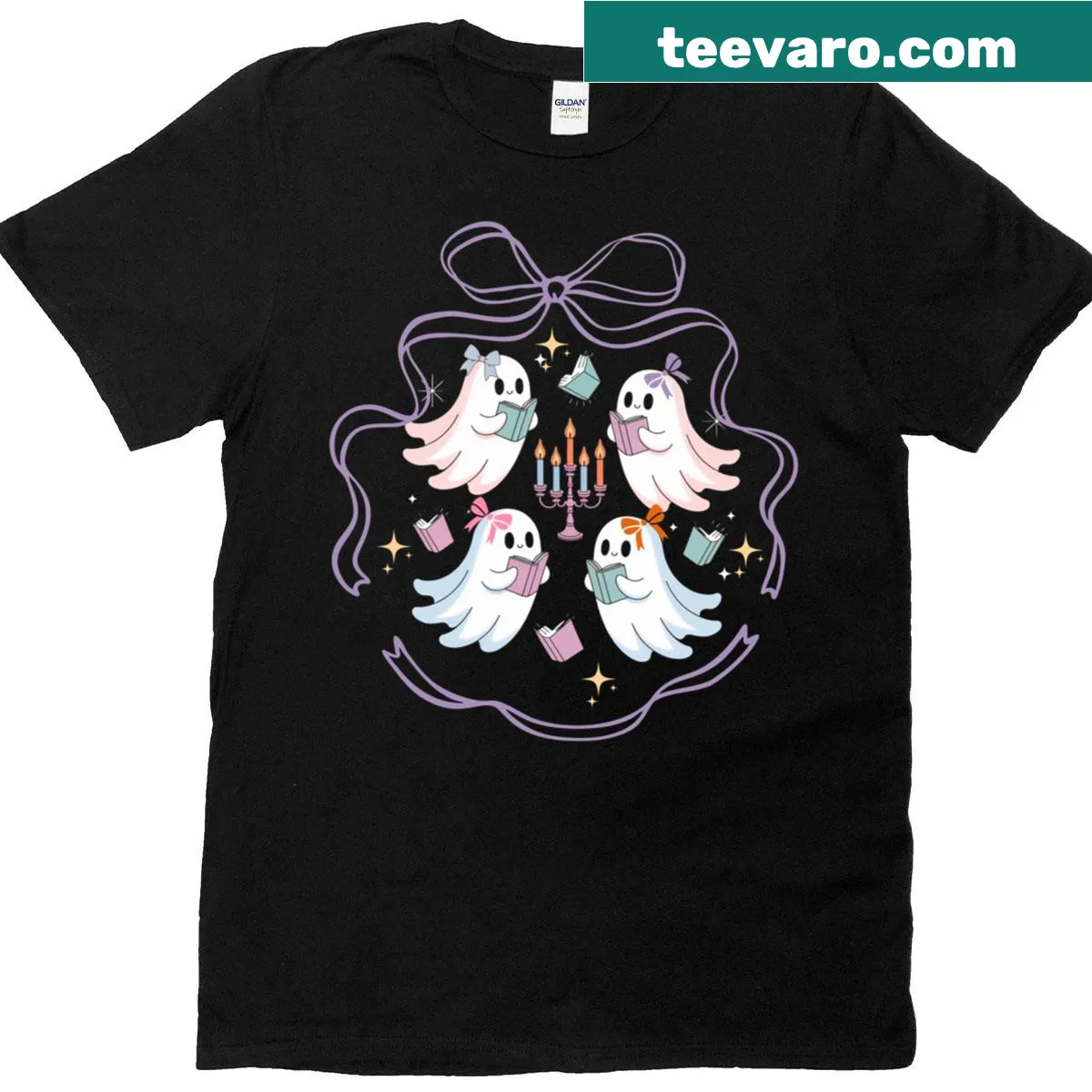 Whimsical ghost reading books Halloween T-shirt. — on a men's t-shirt