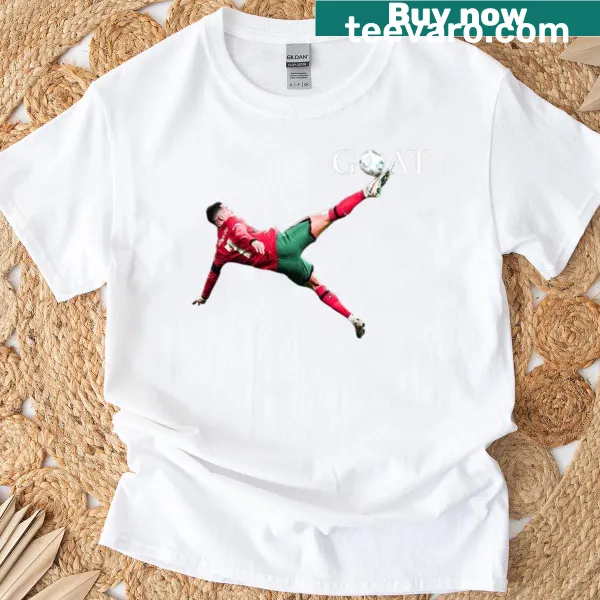 T-shirt featuring a goat in motion inspired by Ronaldo's bicycle kick