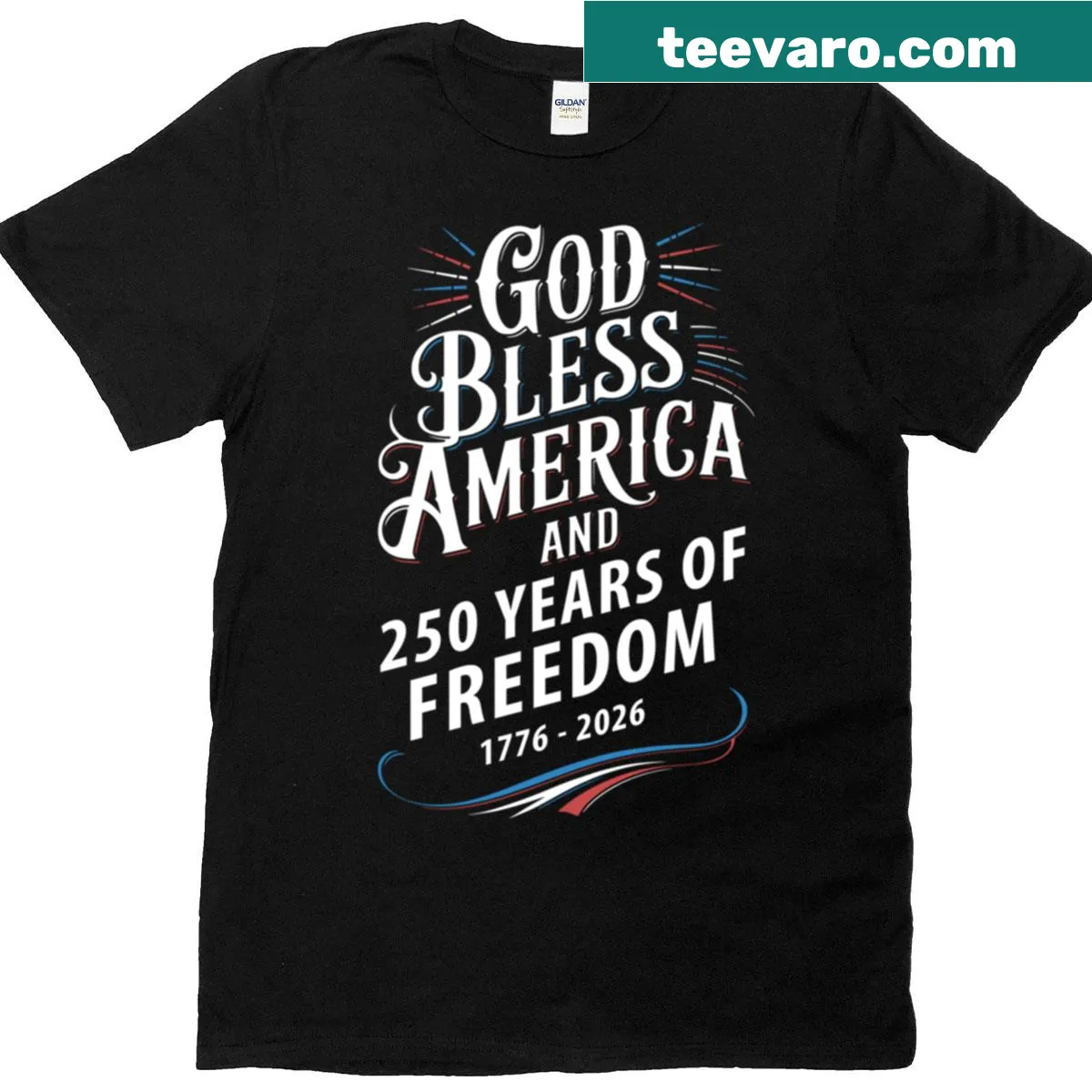 Patriotic t-shirt reading 'God Bless America 250 Years Of Freedom' — on a men's t-shirt