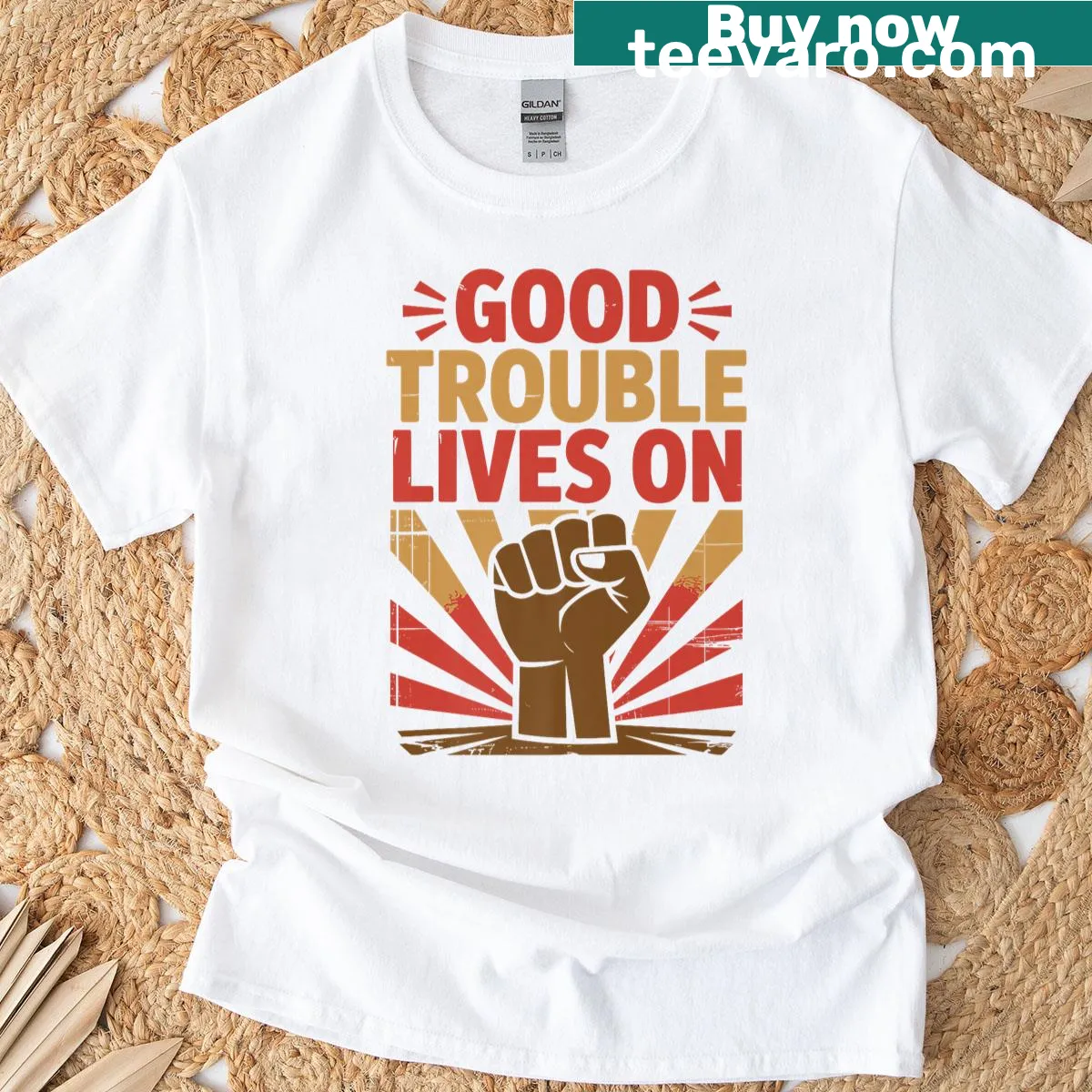 Protest T-shirt with the slogan 'Good Necessary Trouble Lives On' — on a men's t-shirt