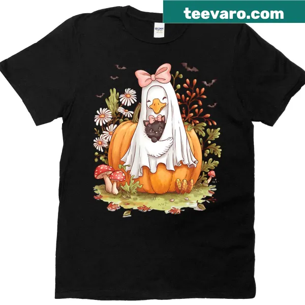 Cartoon T-shirt featuring a goose and cat in ghost costumes