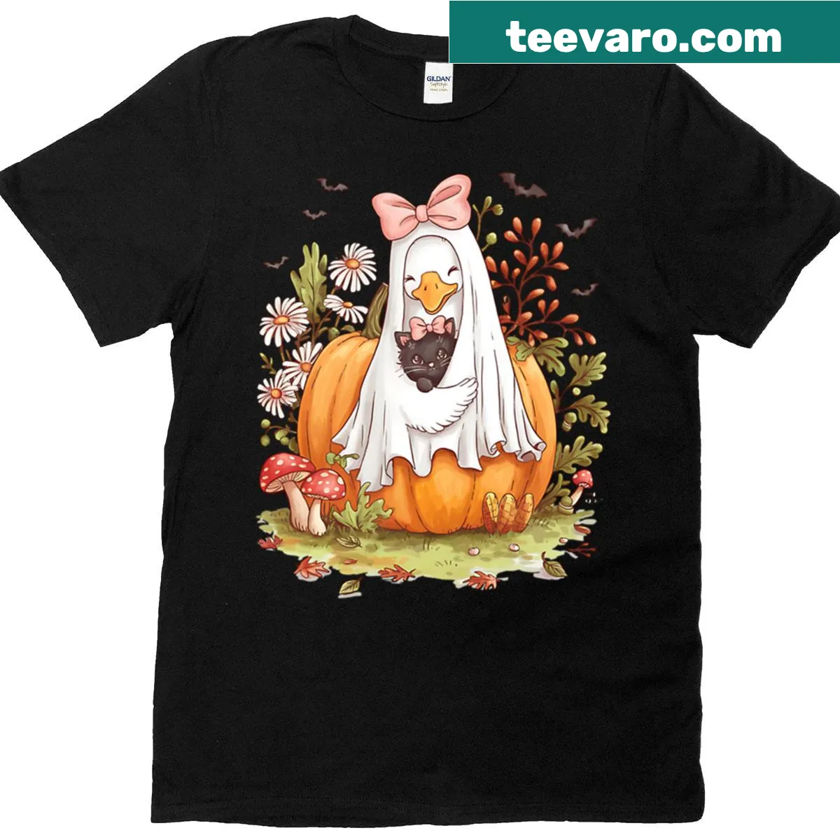 Cartoon T-shirt featuring a goose and cat in ghost costumes — on a men's t-shirt