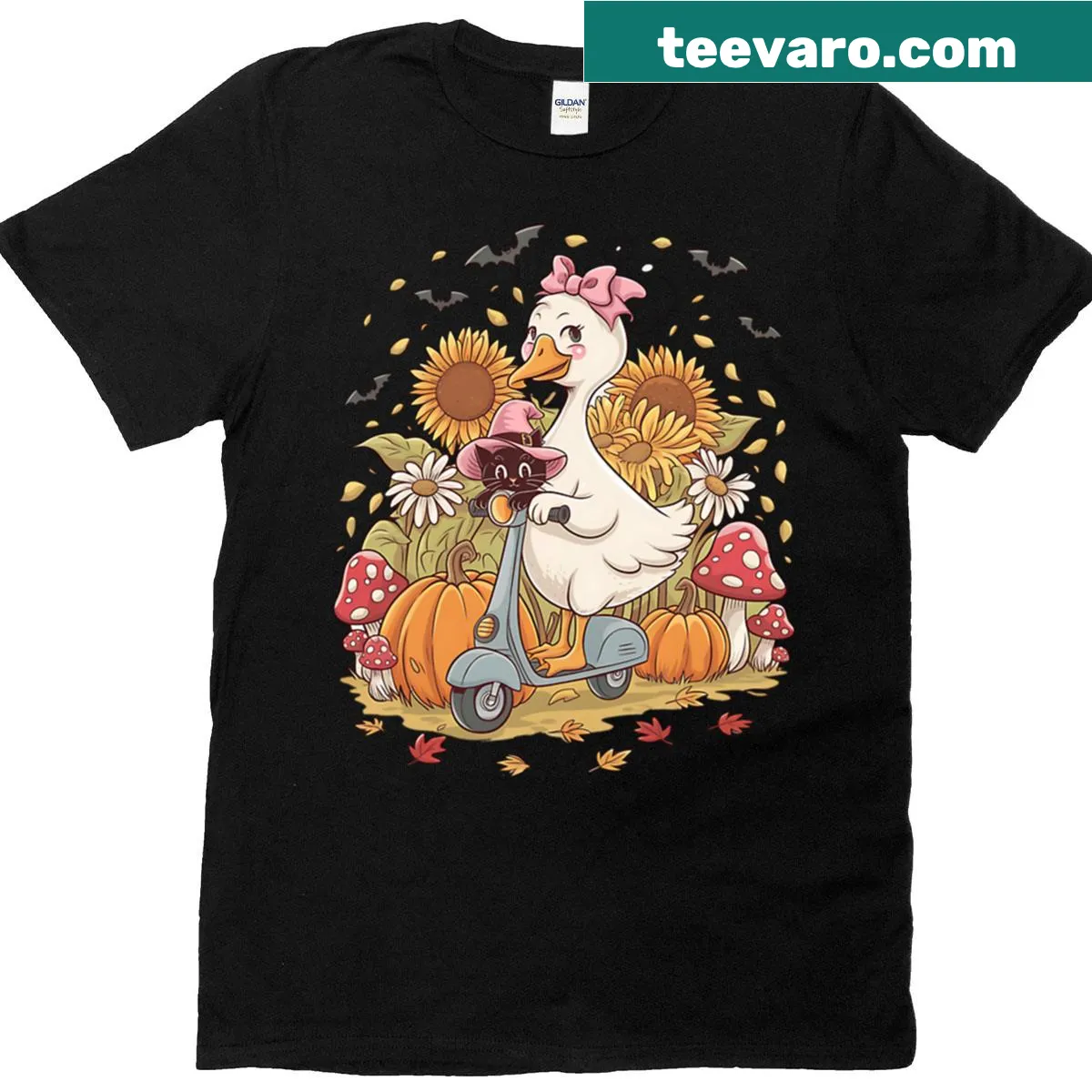 Cartoon T-shirt featuring a goose and a witch cat on a scooter — on a men's t-shirt