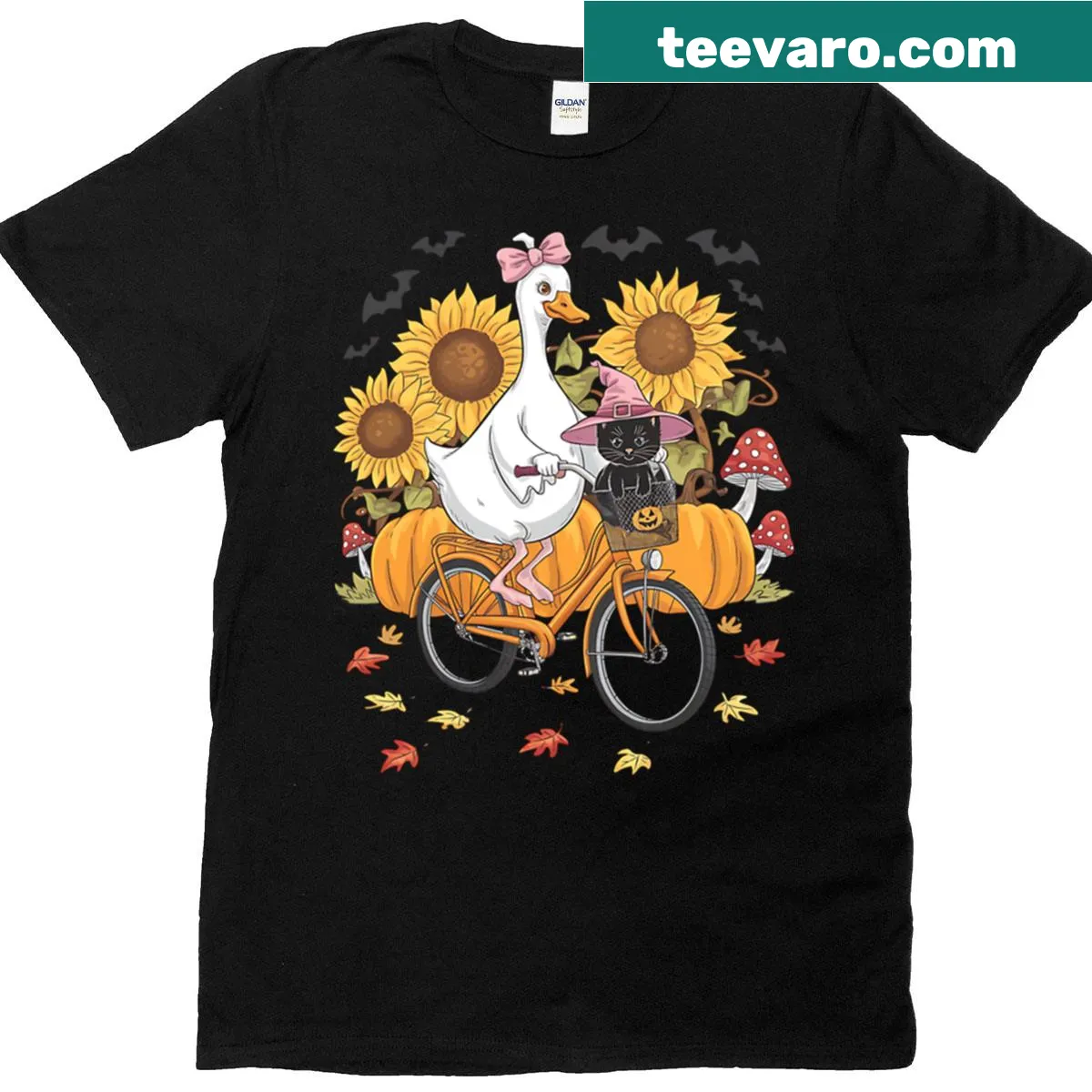 Cartoon T-shirt featuring a goose and witch cat on a bike — on a men's t-shirt