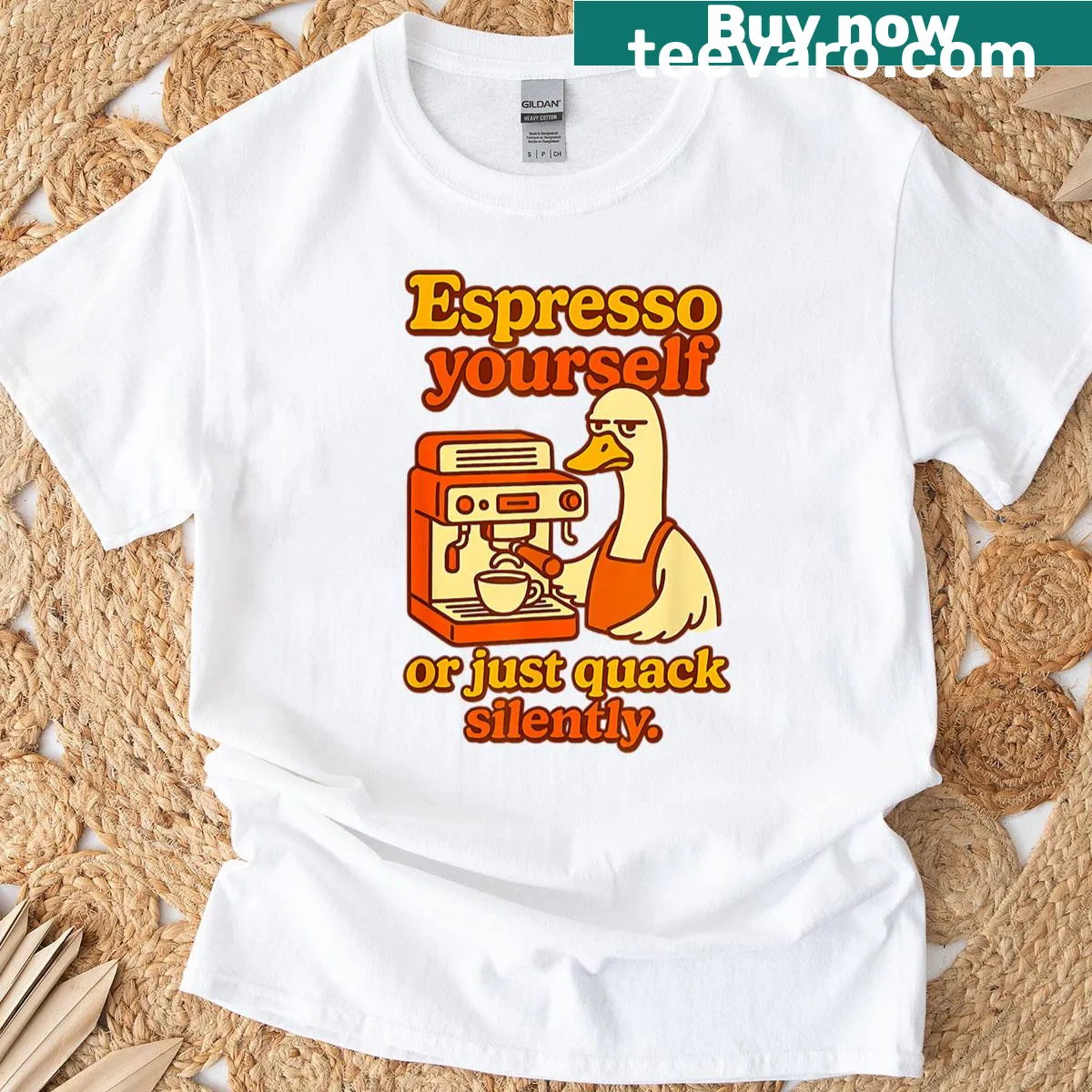 Vintage Goose Espresso Yourself T-shirt with humorous coffee pun — on a men's t-shirt