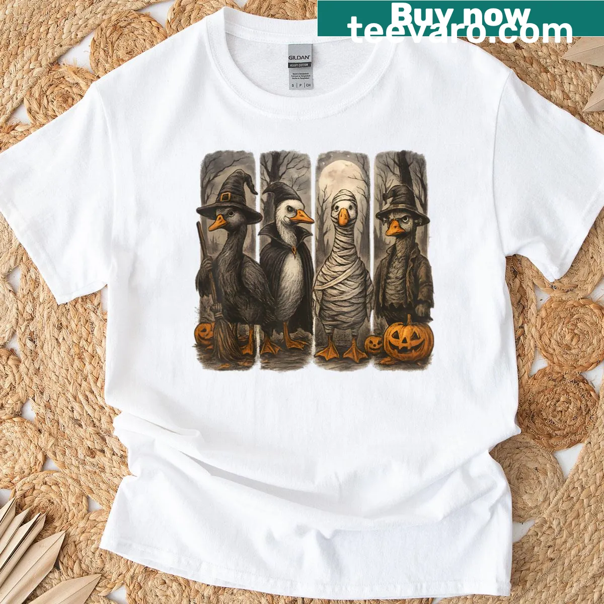 Cartoon geese in costumes on a Halloween t-shirt for kids — on a men's t-shirt