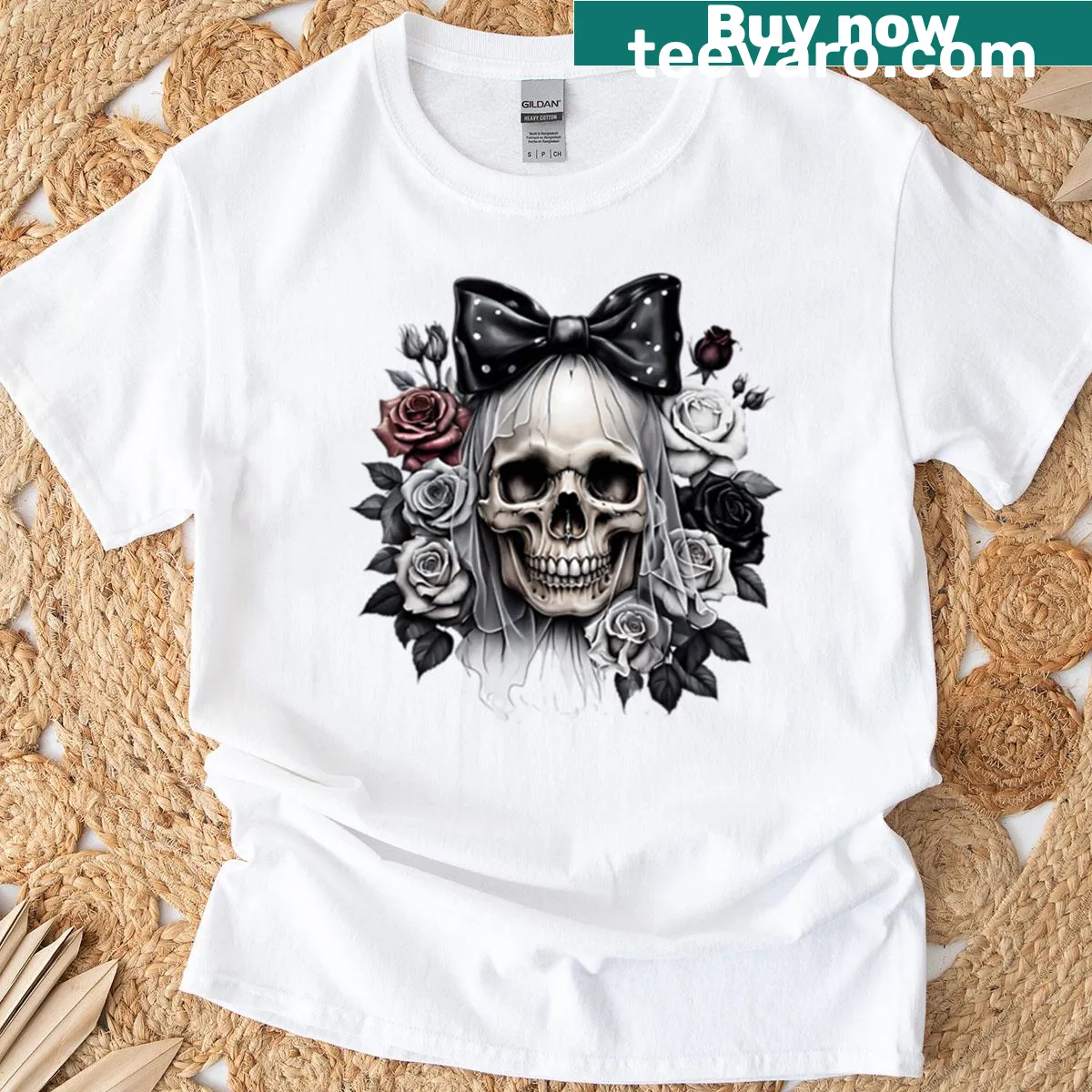 Gothic T-shirt featuring a skull with roses and veil design — on a men's t-shirt