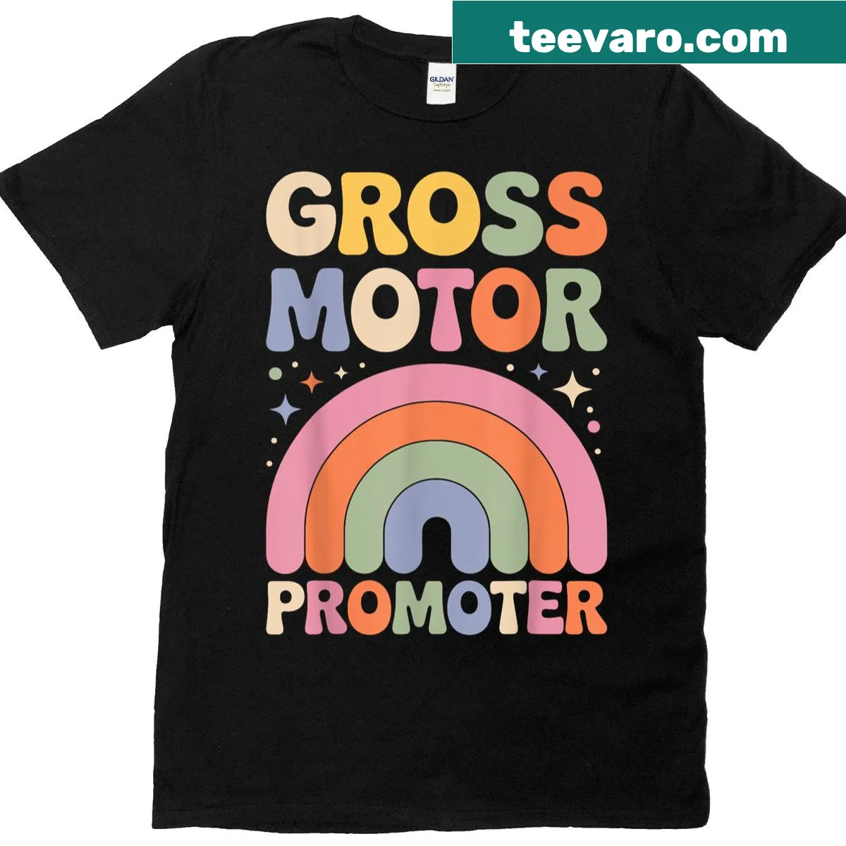 Groovy teacher T-shirt with 'Gross Motor Promoter' slogan — on a men's t-shirt