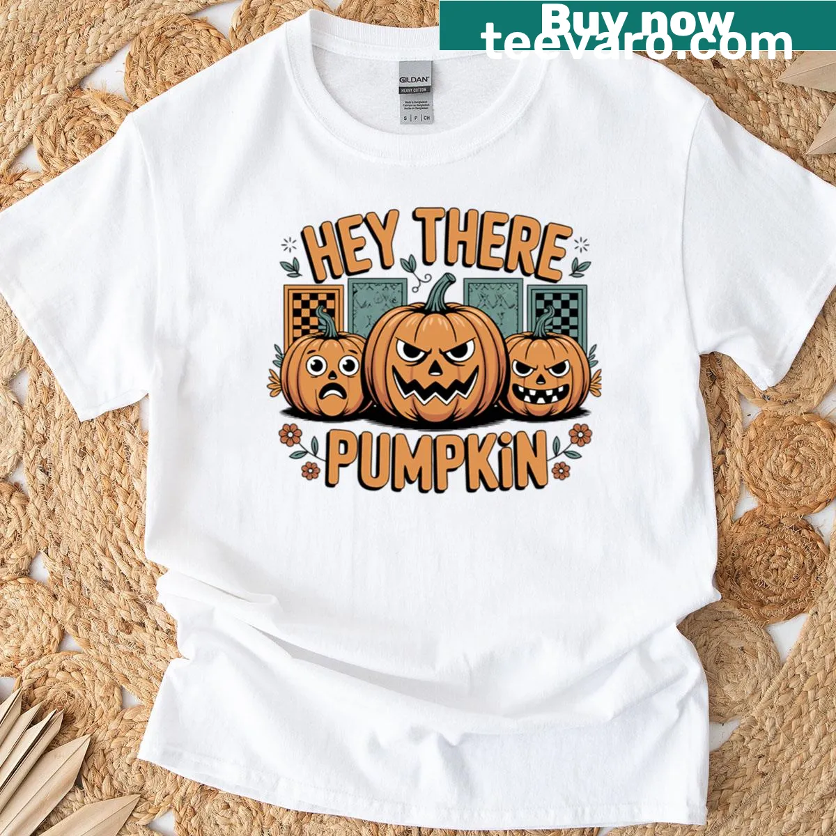 Halloween T-shirt with cheerful pumpkin illustrations and friendly greetings. — on a men's t-shirt