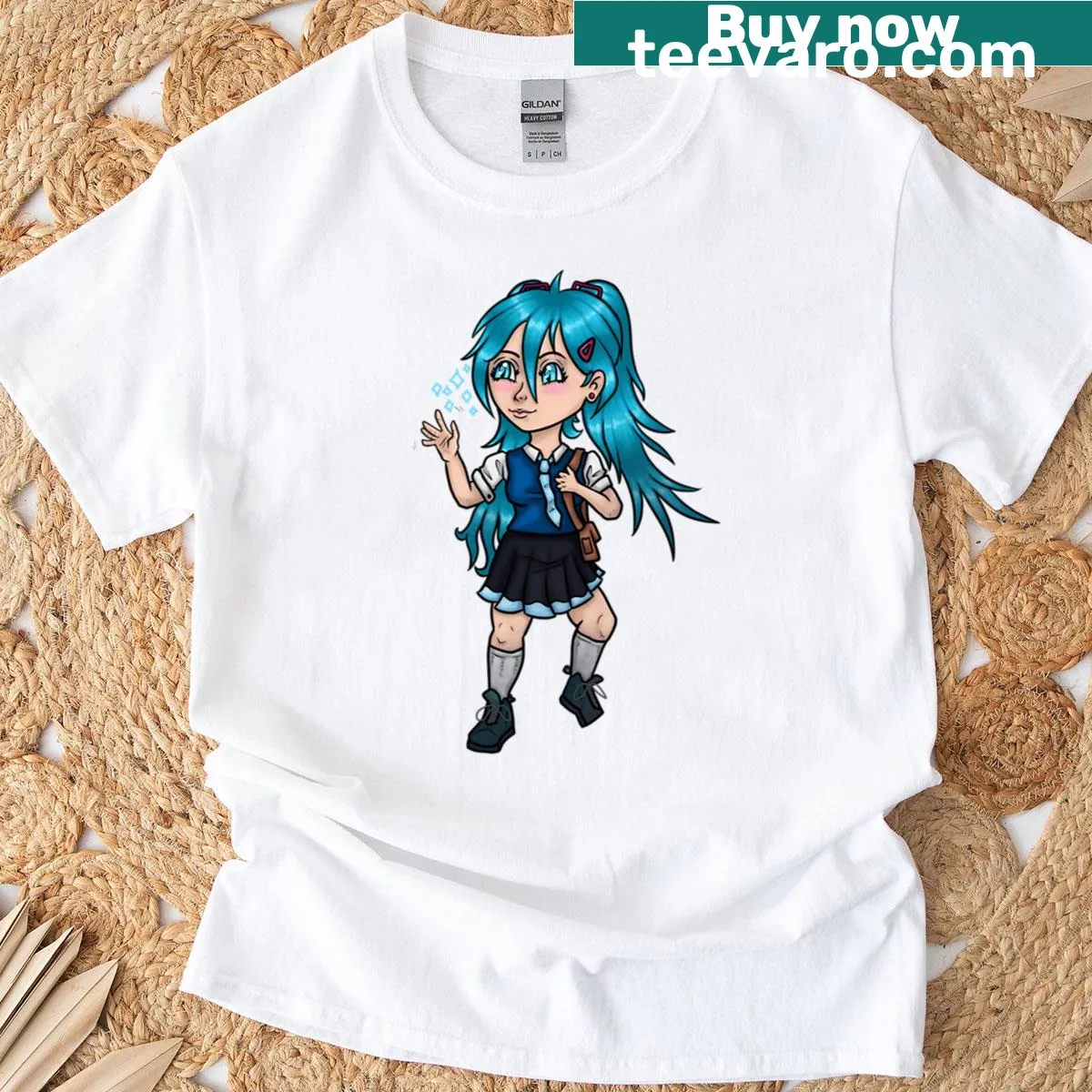 Cute chibi illustration of Hatsune Miku on t-shirt — on a men's t-shirt