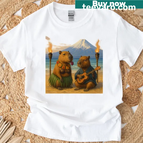 Playful Hawaiian capybaras lounging in a tropical scene shirt