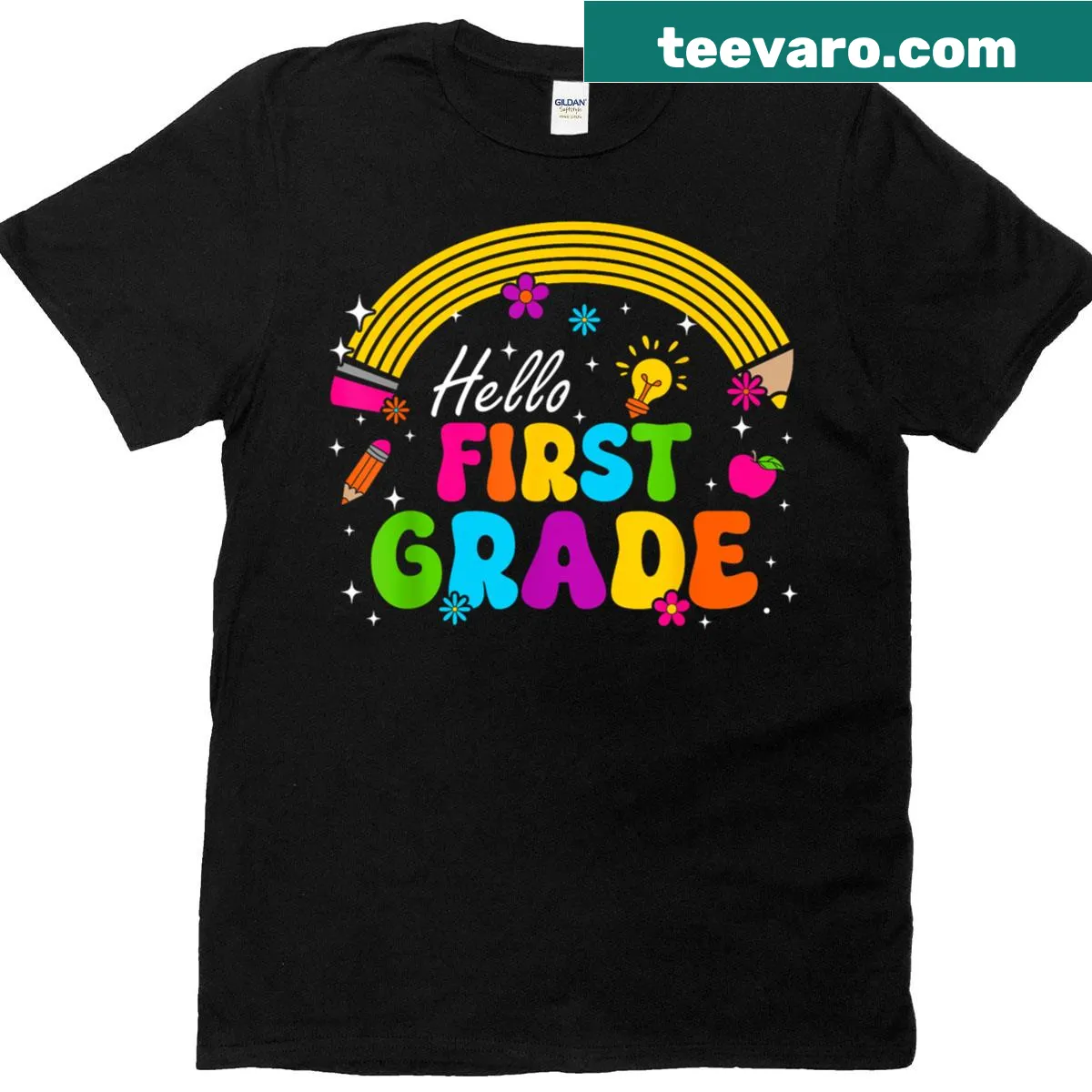 Hello First Grade back-to-school T-shirt — on a men's t-shirt