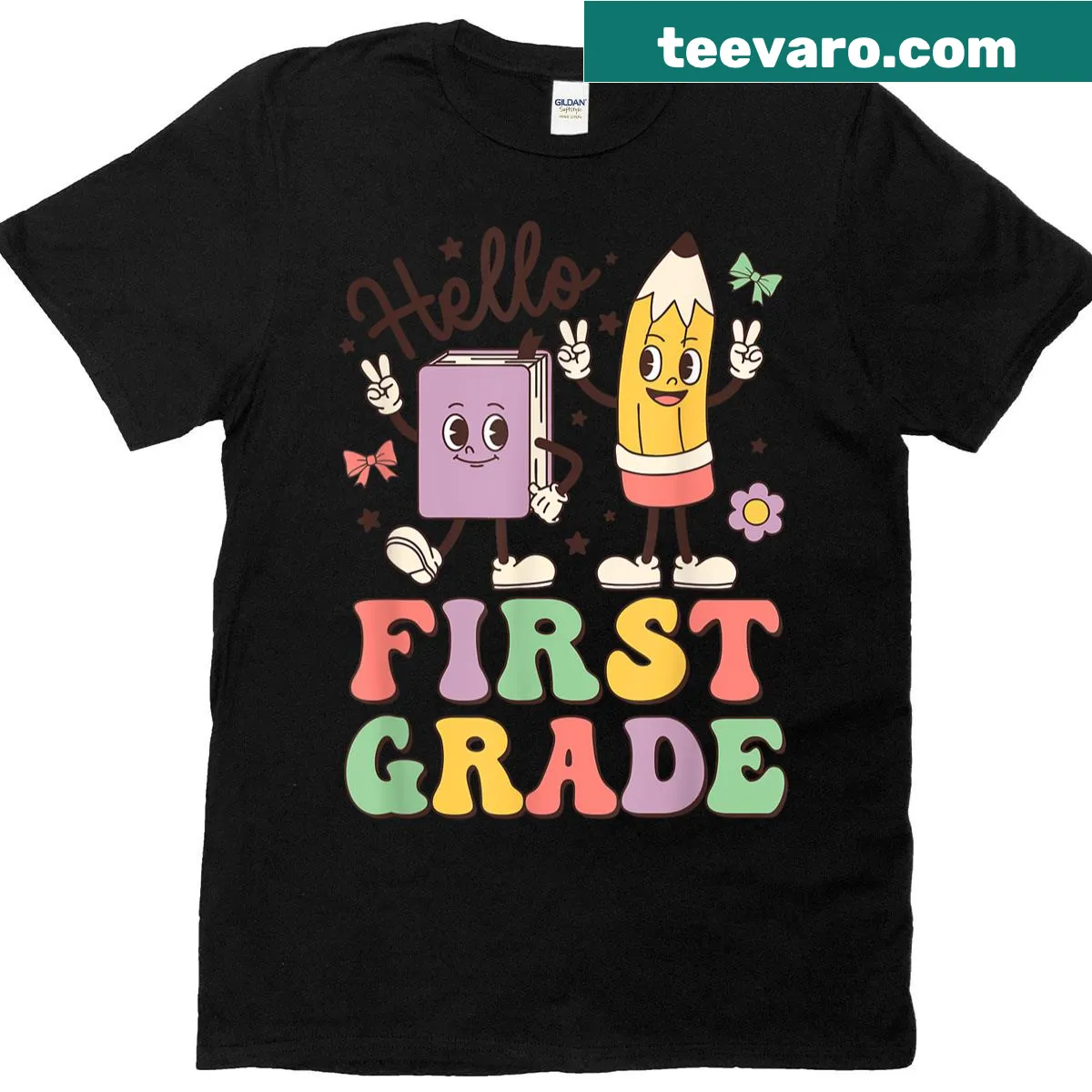 Hello First Grade teacher T-shirt — on a men's t-shirt
