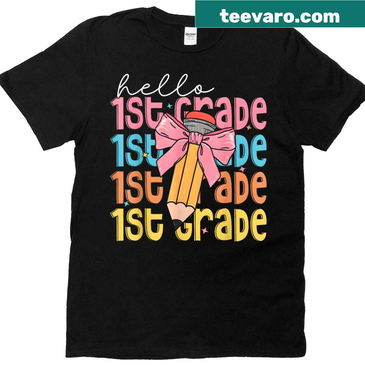 Illustrated T-shirt featuring a coquette bow for first grade teachers — on a men's t-shirt