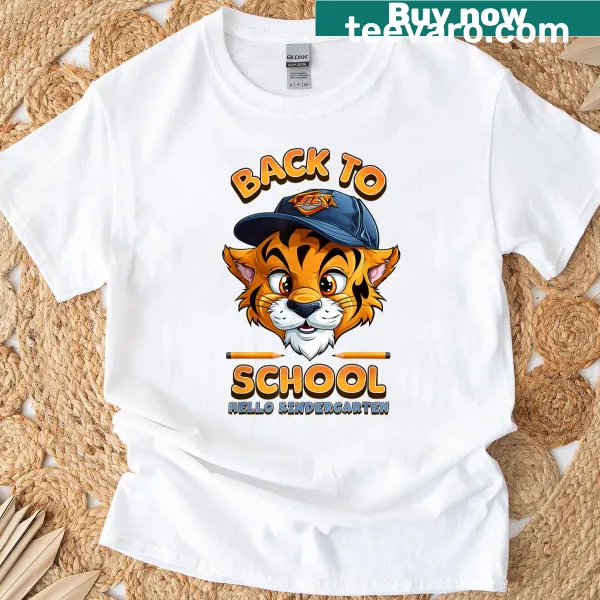 Cartoon tiger with 'Hello Kindergarten' text on a kids t-shirt