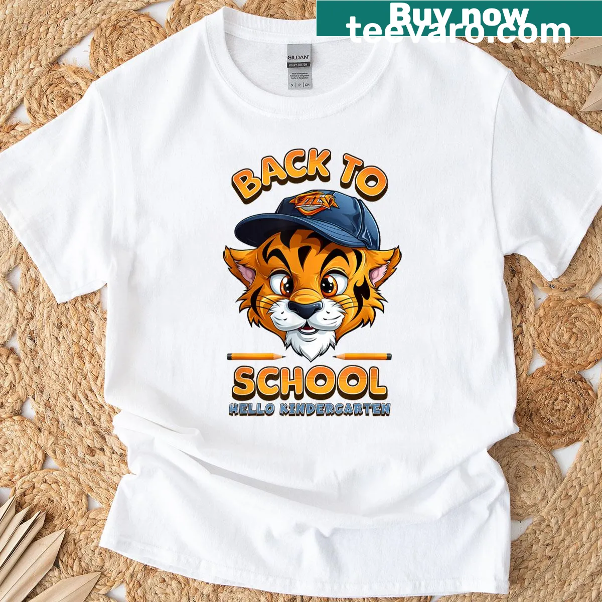 Cartoon tiger with 'Hello Kindergarten' text on a kids t-shirt — on a men's t-shirt