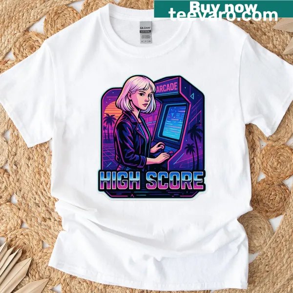 Retro typography design featuring 'High Score' on a t-shirt