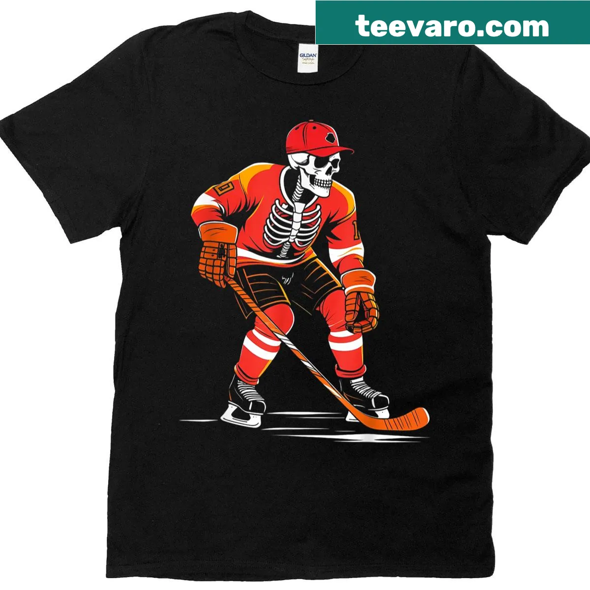 Cartoon skeleton skater T-shirt for hockey fans during Halloween — on a men's t-shirt
