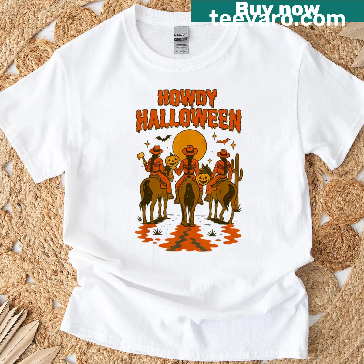 Retro cowgirl graphic on a Halloween T-shirt — on a men's t-shirt