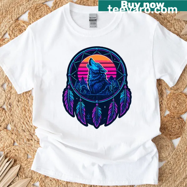 Retro howling wolf and dream catcher T-shirt design