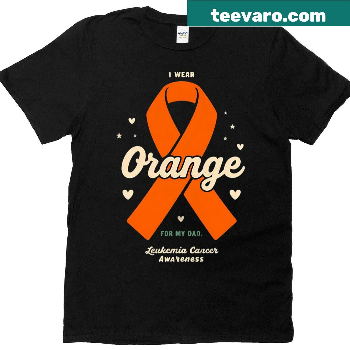 Leukemia awareness T-shirt with heartfelt orange support message — on a men's t-shirt