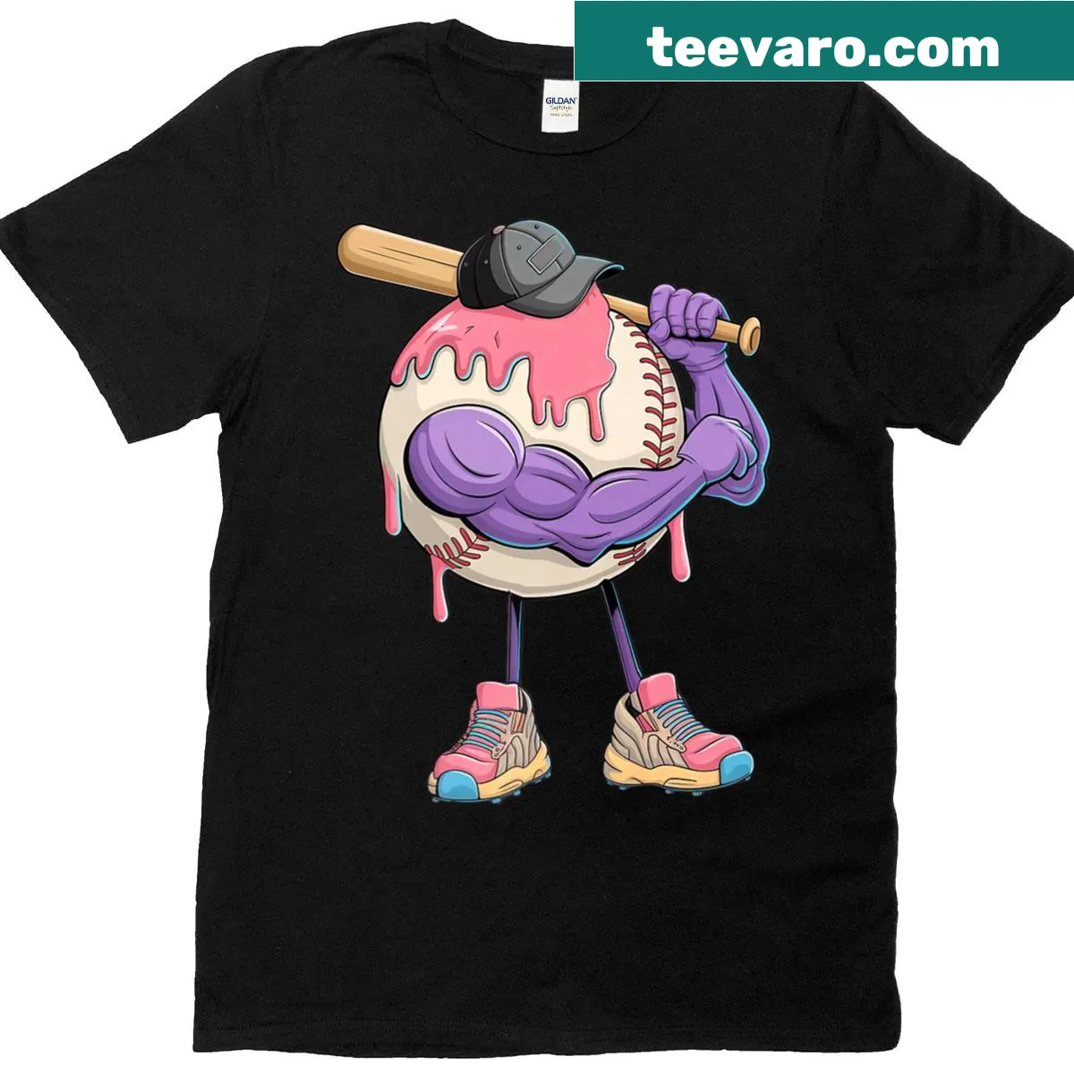 Ice cream drip graphic paired with baseball design on T-shirt — on a men's t-shirt