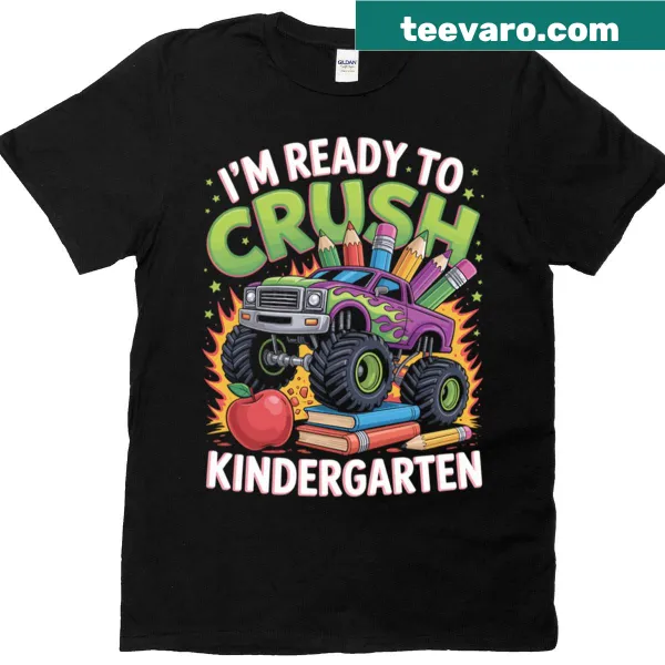 Monster truck-themed t-shirt with 'I'm ready to crush kindergarten' text