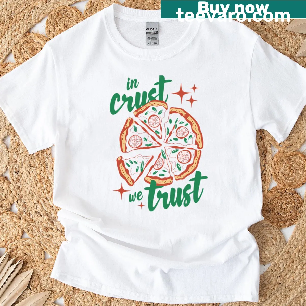 Retro-style t-shirt with 'In Crust We Trust' phrase — on a men's t-shirt