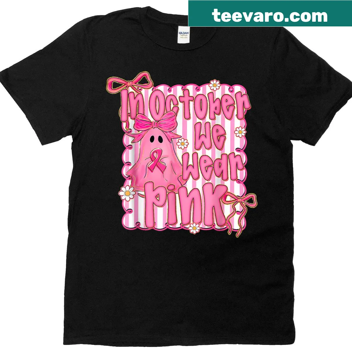 Text promoting breast cancer awareness for Halloween on a T-shirt — on a men's t-shirt