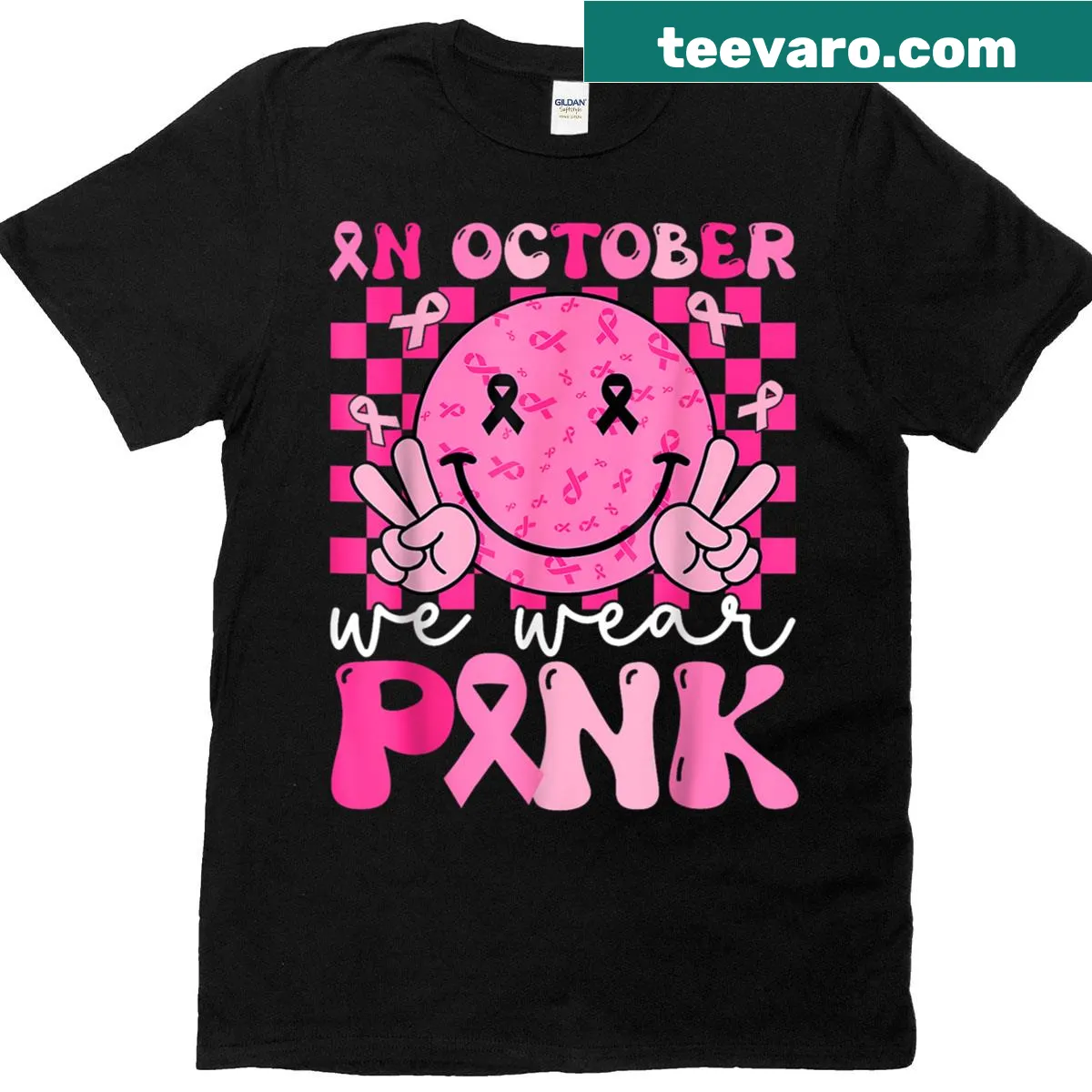 Breast cancer awareness t-shirt with a smile face graphic — on a men's t-shirt